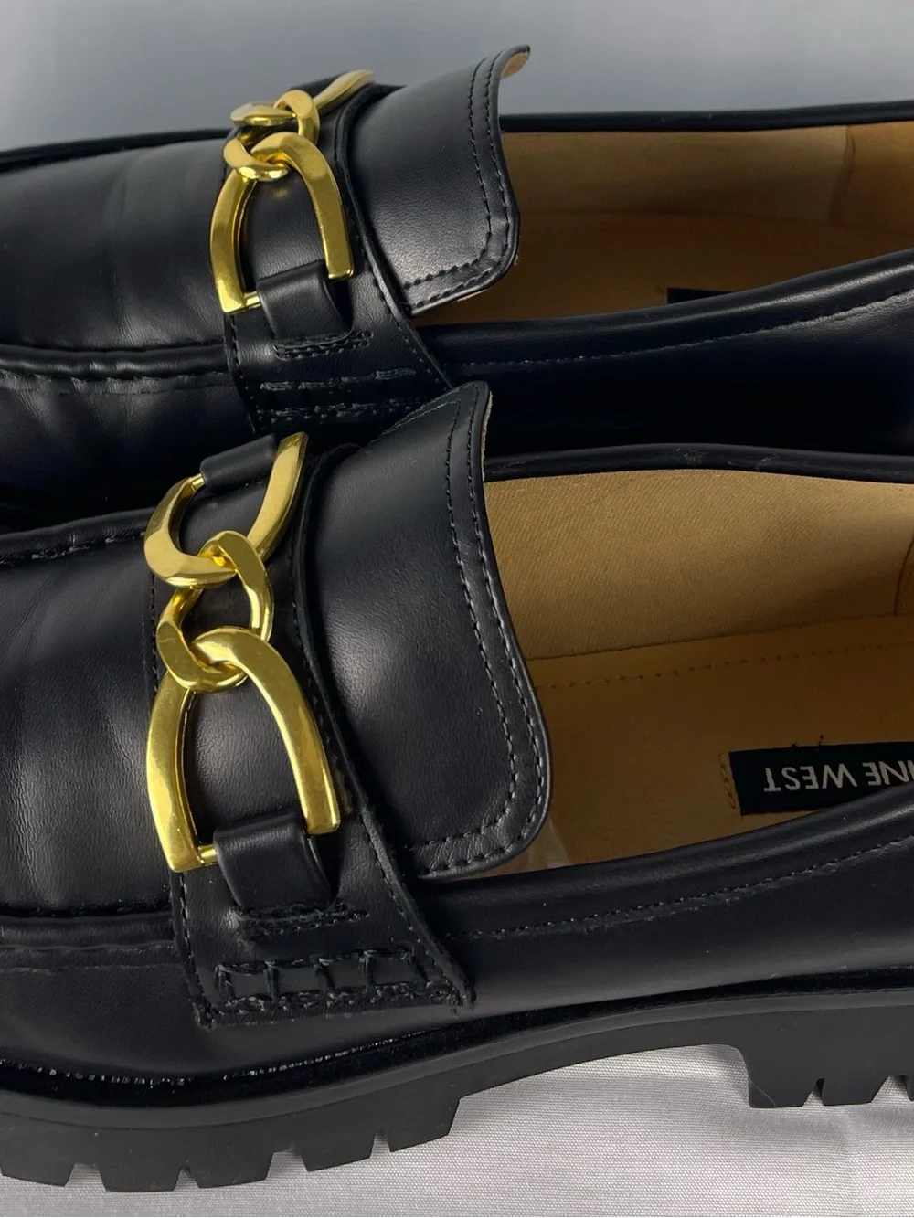 Nine West Black Leather Loafers with Gold Chain Accent
